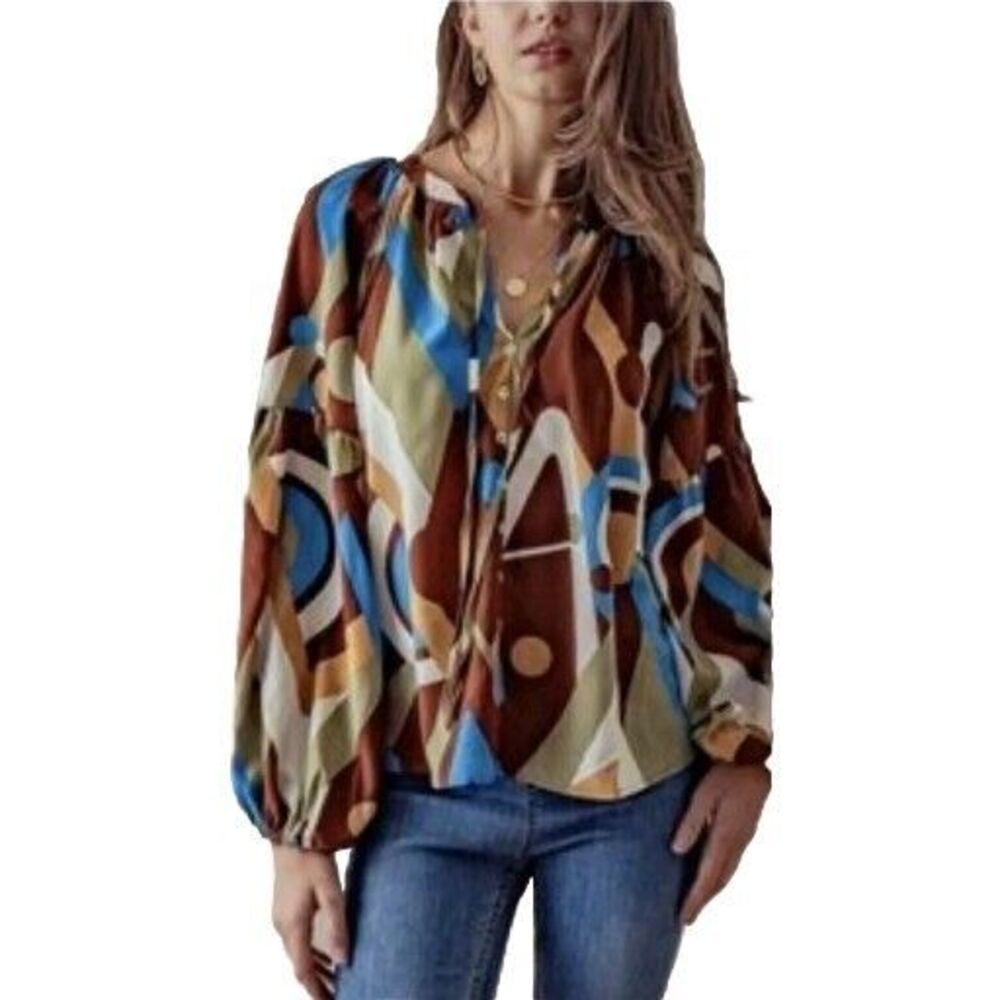 Anthropologie August Sky Geometric Print Relaxed Fit Blouse Boho Women's L NWT